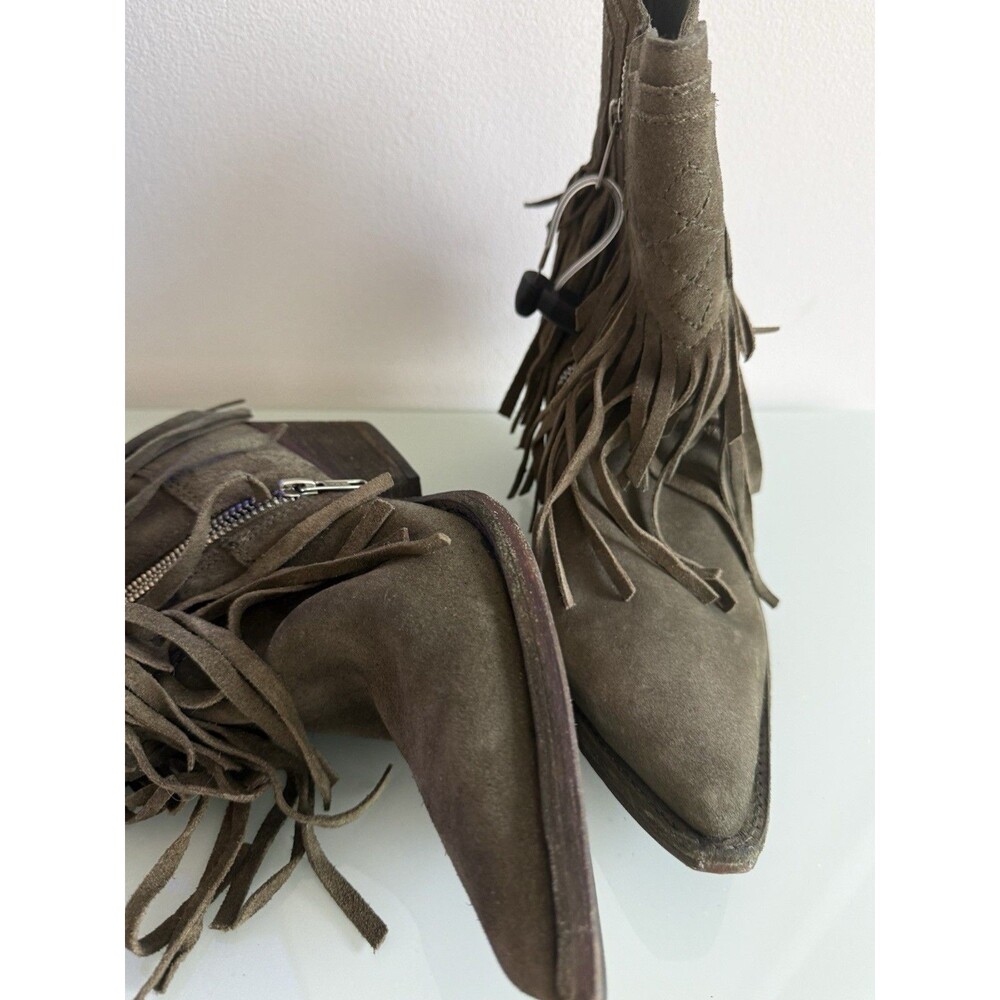 Free People Dark Olive Suede Fringe Western Ankle Boots Boho Festival 8ю
